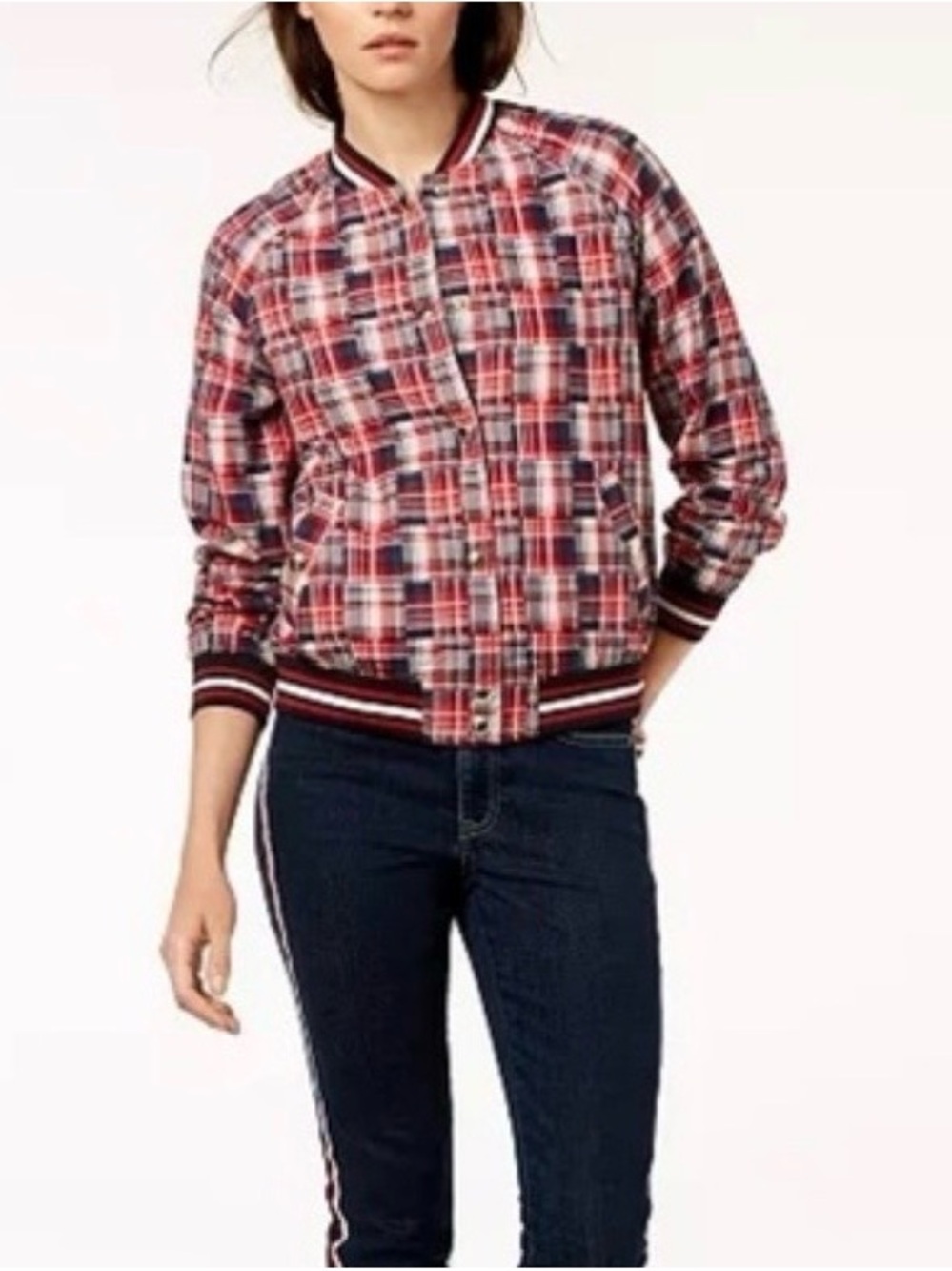 Tommy Hilfiger Red and Navy Plaid Bomber Jacket